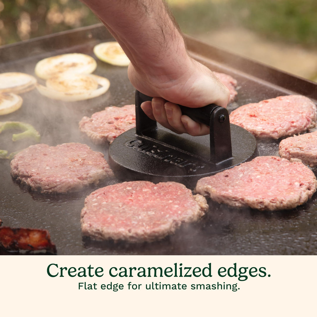 6.5 Cast Iron Smashed Burger Press, Juicy & Crispy Burgers for BBQs, Cookouts