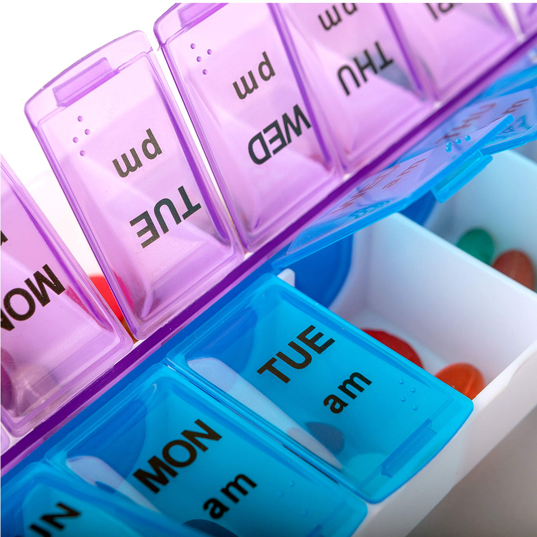 2 Pack - Pill Organizer case, 7 Daily compartments, AM PM Slot, Weekly dosis Container, Medicine Holder, Pills Medication Dispenser, Vitamin, Supplement, Perfect f/Travel, Ideal for Purse BS0096J