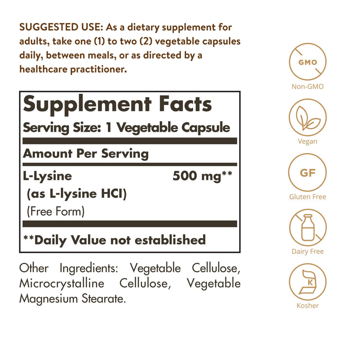 Solgar L-Lysine 500 mg, 250 Vegetable Capsules - Enhanced Absorption & Assimilation - Promotes Integrity of Skin & Lips - Collagen Support - Amino Acids - Non-GMO, Vegan, Gluten Free
