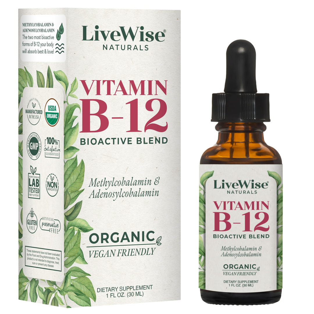 LiveWise Naturals B12 Vitamin Drops Non-GMO, Organic Bioactive Blend for Energy, Clarity, Focus, and Easy Absorption, Adenosylcobalamin & Methylcobalamin Supplement, Vegan, Gluten-Free, Dairy-Free