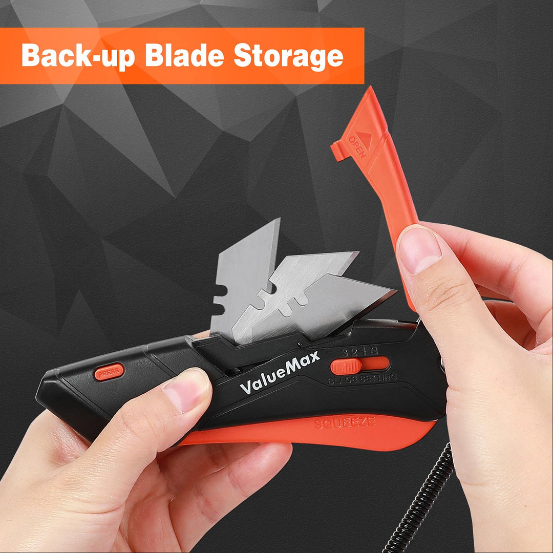 2-Pack Box Cutter Knife, Self-Retracting 3-Position Locking Blade, Safety Sheath, Lanyard, Extra Blades Included