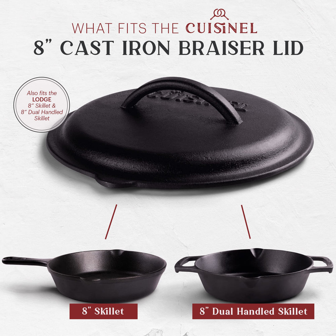 Cast Iron Lid - Fits 8-Inch / 20.32cm Lodge Skillet, Frying Pans or Braiser + Silicone Handle Holder + Care Guide - Pre-Seasoned Replacement Cover - Indoor/Outdoor, Oven, Open Fire, BBQ Safe