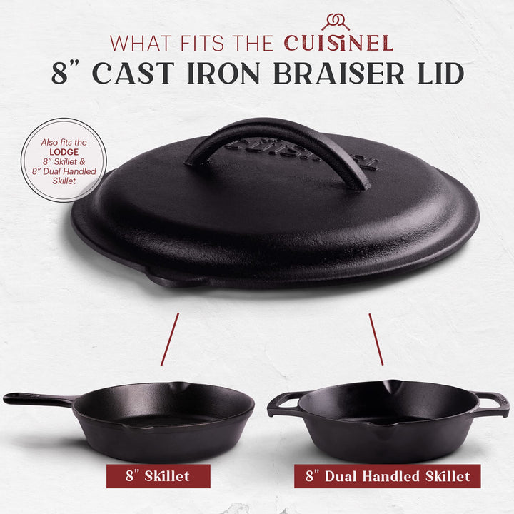 Cast Iron Lid - Fits 8-Inch / 20.32cm Lodge Skillet, Frying Pans or Braiser + Silicone Handle Holder + Care Guide - Pre-Seasoned Replacement Cover - Indoor/Outdoor, Oven, Open Fire, BBQ Safe