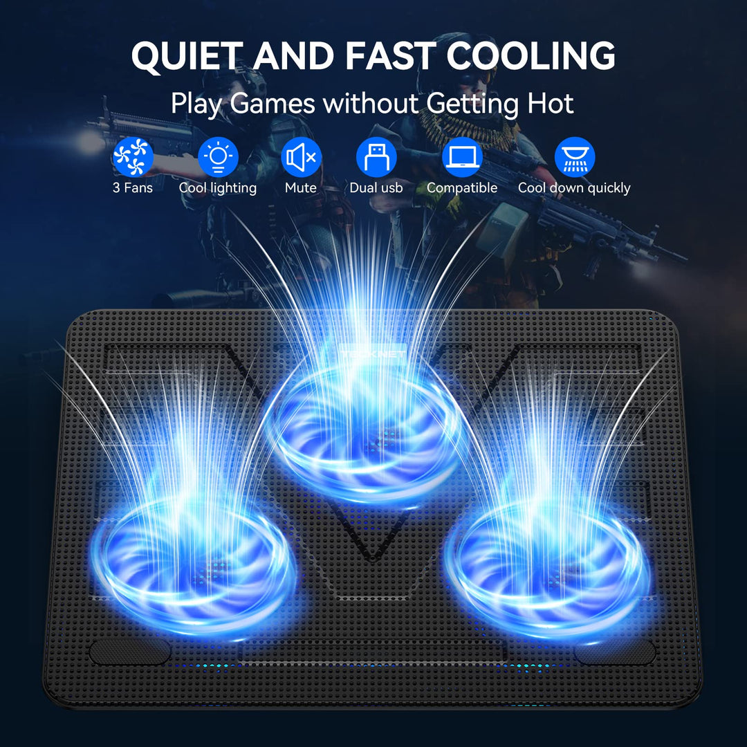 Laptop Cooling Pad, Portable Slim Quiet USB Powered Laptop Notebook Cooler Cooling Pad Stand Chill Mat with 3 Blue LED Fans, Fits 12-17 Inches (Black)