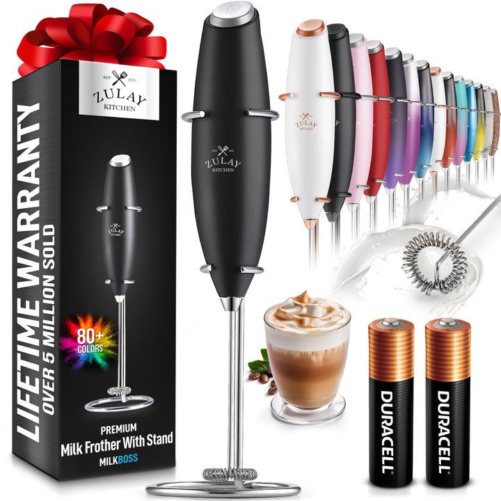 Powerful Milk Frother Wand With 2 Duracell Batteries - Ultra Fast Handheld Drink Mixer - Electric Whisk Foam Maker for Coffee, Lattes, Cappuccino, Matcha, Hot Chocolate & Creamer - Black