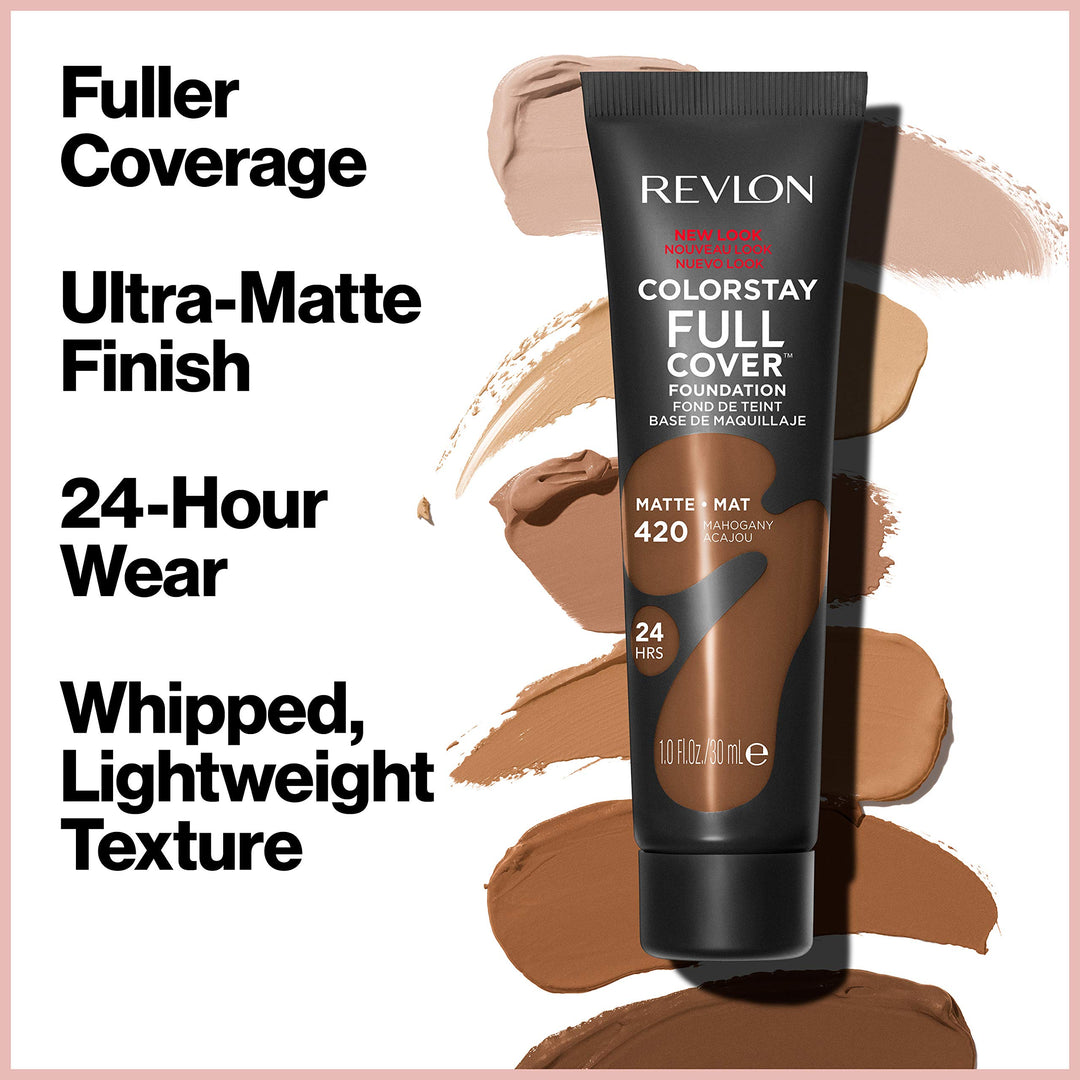 Revlon ColorStay Full Cover Longwear Matte Foundation, Heat & Sweat Resistant Lightweight Face Makeup, Warm Golden (310), 1.0 oz