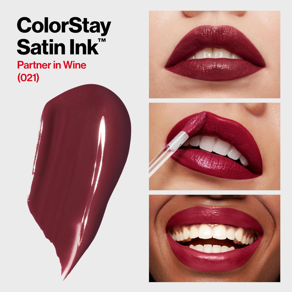 Revlon ColorStay Satin Ink Liquid Lipstick, Longwear Rich Lip Colors, Formulated with Black Currant Seed Oil, 021 Partner in Wine, 0.17 fl. oz.