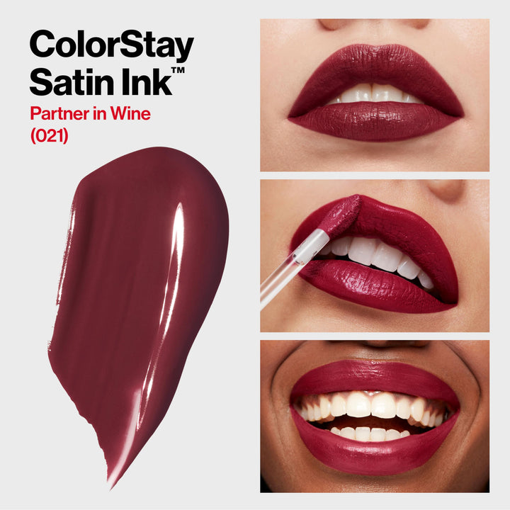 Revlon ColorStay Satin Ink Liquid Lipstick, Longwear Rich Lip Colors, Formulated with Black Currant Seed Oil, 021 Partner in Wine, 0.17 fl. oz.