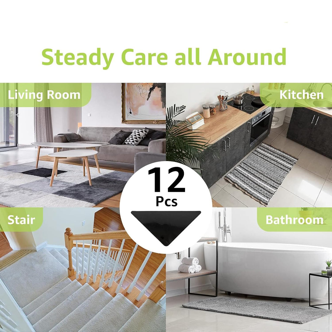 12 Pcs Rug Tape, Non Slip Rug Pads Grippers for Hardwood Floors and Tiles, Reusable Carpet Tape for Area Rugs, Double-Sided Adhesive Rug Stickers Keep Corners Flat (Black)