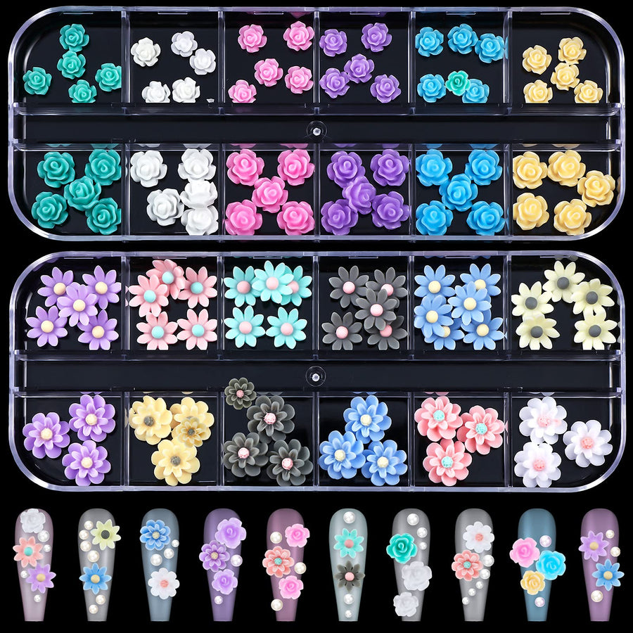 108 Pieces 3D Flower Nail Art Charms Resin Rose Flower Nail Art Studs Flat Design Nail Decals for Nails Accessories Supplies DIY Jewelry Craft