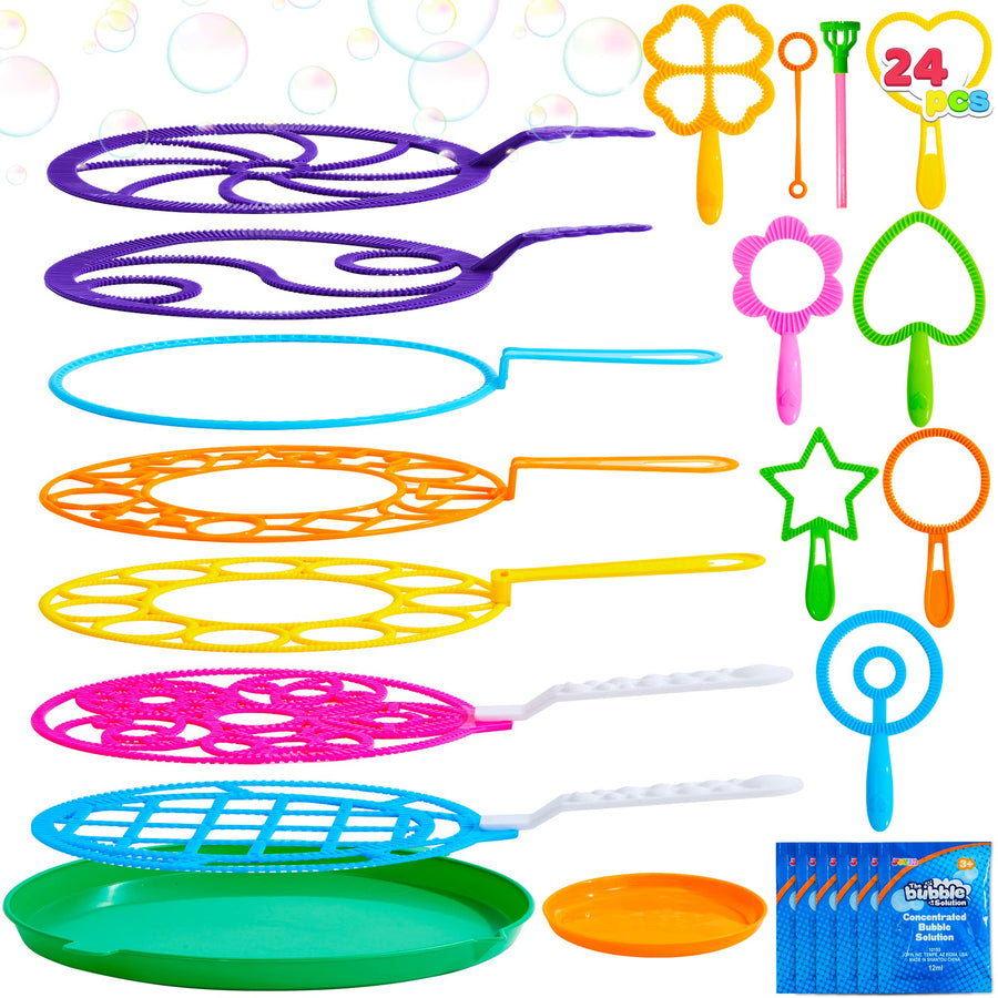 Big Bubble Wands Set Bulk for Kids Summer Outdoor Activity Party Favors, 18 Pcs Giant Bubble Maker with Tray, 12 Large, 6 Pcs Bubble Solution Suitable for All Age People