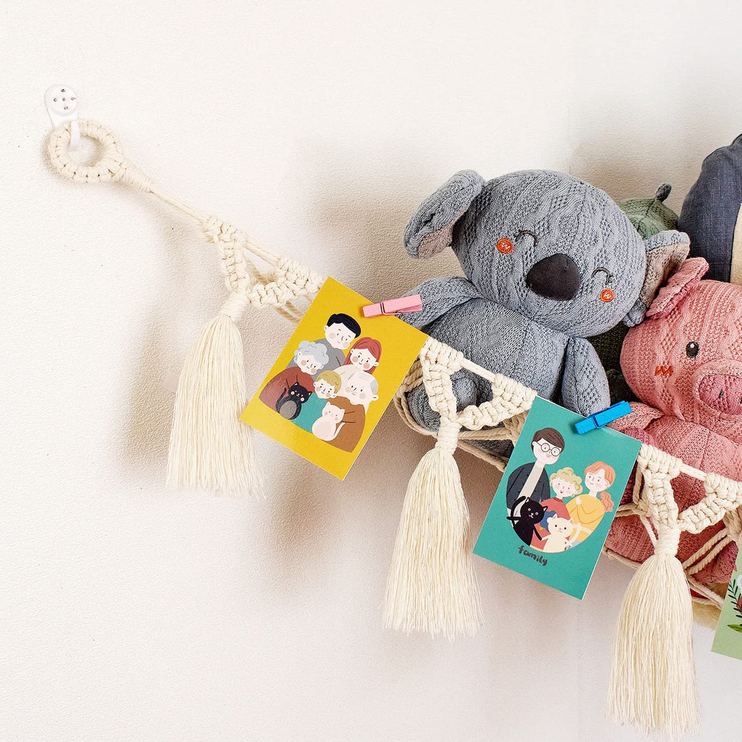 Stuffed Animal Net or Hammock – Decorative Macrame Toy Hammocks for Kids Toys, Large Soft Net with LED Start Light String, Wall Hanging Hooks, and Wooden Photo Display Clips, Toy holder