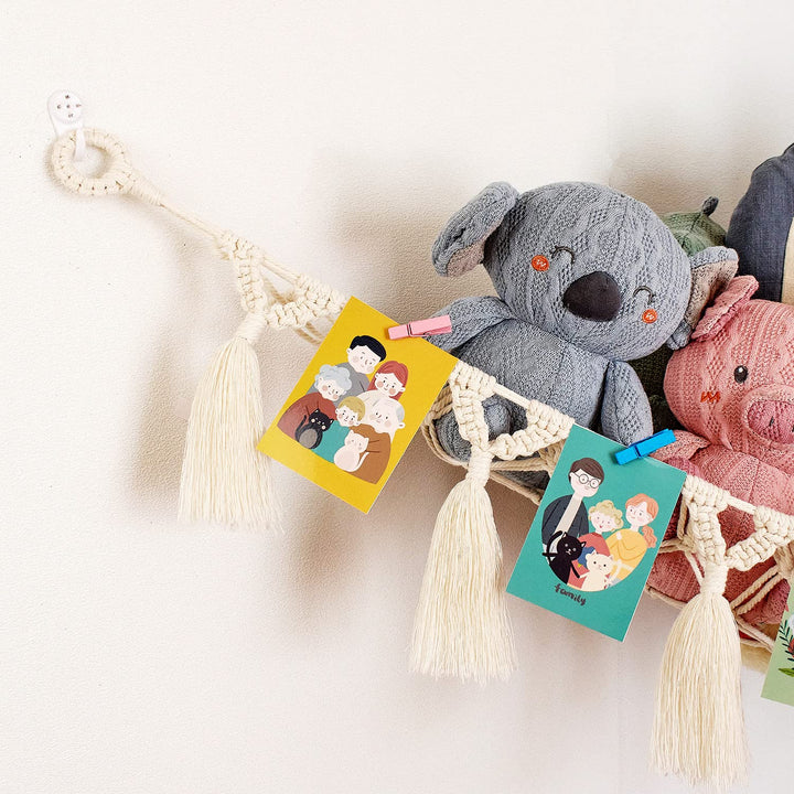 Stuffed Animal Net or Hammock – Decorative Macrame Toy Hammocks for Kids Toys, Large Soft Net with LED Start Light String, Wall Hanging Hooks, and Wooden Photo Display Clips, Toy holder