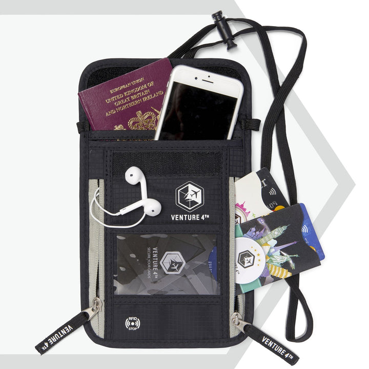 Passport Holder Neck Wallet with RFID Blocking Nylon Lining - Hidden Neck Pouch for Travel (Black)