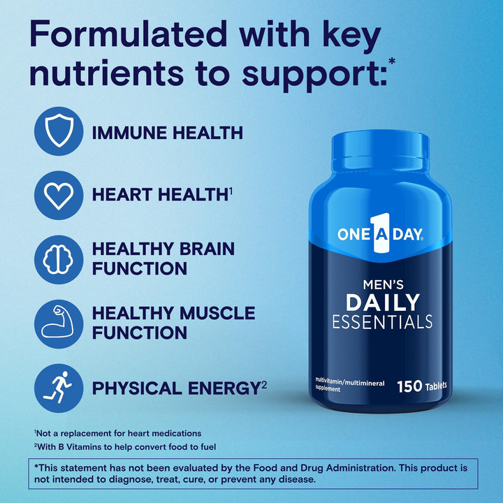 Men’s Multivitamin Daily Essentials, Multivitamin for Men Tablet, Supports Healthy Muscle Function, Physical Energy, and Immune Health with Vitamin B12, Vitamin C, and Zinc, 150 Count
