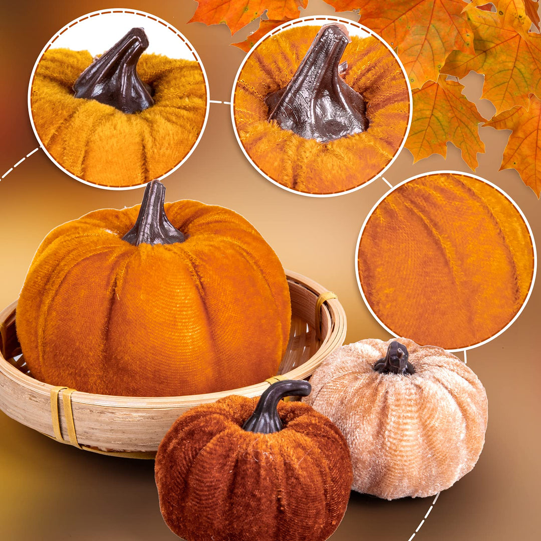 12Pcs Fall Artificial Pumpkins 3 Sizes Fake Velvet Pumpkin Orange Brown Khaki Small Foam Pumpkin Autumn Table Centerpiece for Fall Harvest Thanksgiving Halloween Party Decoration