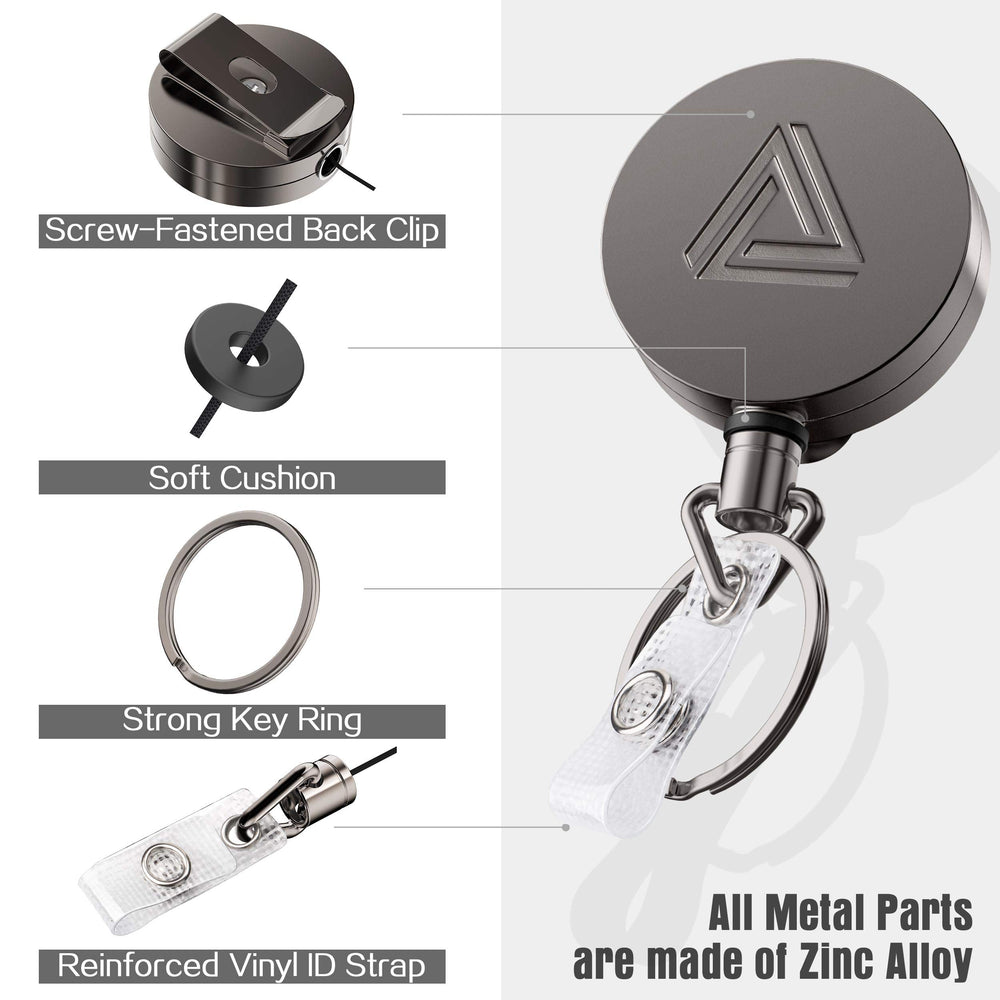 2 Pack Heavy Duty Metal Retractable Badge Holder Reel with Belt Clip Key Ring and Waterproof Vertical Clear ID Card Holder + 2 Extra Carabiner Key Chain Rings, 31 inches Strong Dyneema Pull Cord