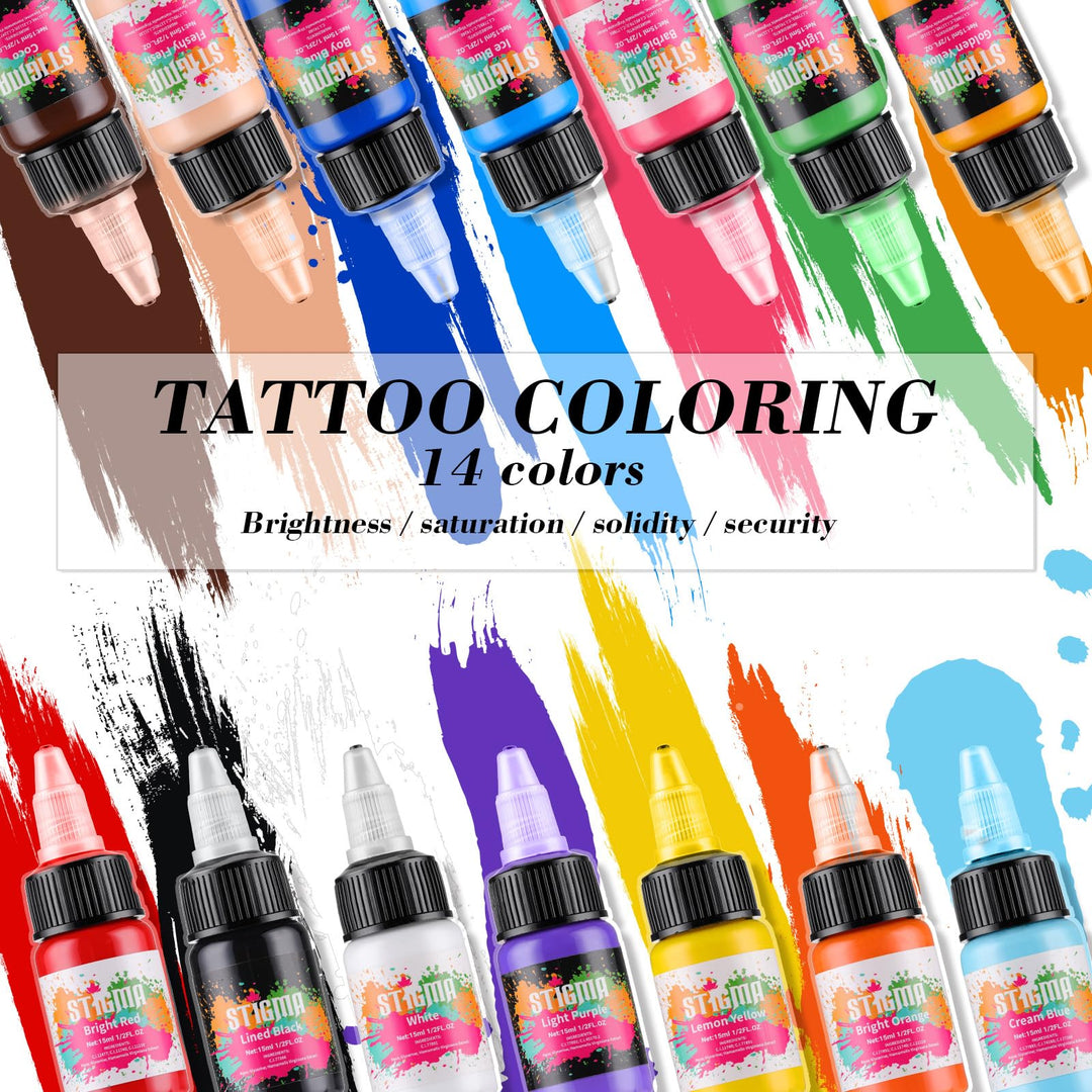Professional Tattoo Ink Color Set 14 Colors with 15 ml 1/2oz per Bottle Tattoo Ink Set for Tattoo Artist and Beginners Tattoo Supplies TI4003-15-14