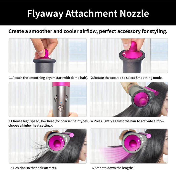 Hair Dryer Attachment, Anti-Flight Flyaway Compatible with Dyson Airwrap Styler HS01 HS05, Ionic Technology, Fast Drying, Fuchsia, Plastic, Heat Resistant, 2 Settings