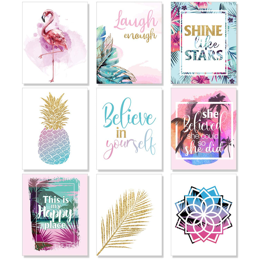 Set of 9 Inspirational Prints Teen Girl Room Wall Art Flamingo Pineapple Leaf Motivational Phrases Posters Girls Bedroom Home Decorations Unframed