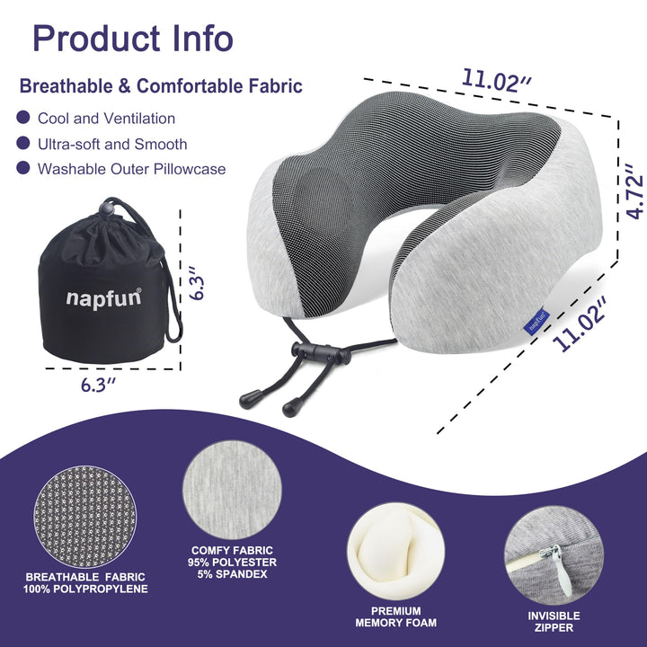 Neck Pillow for Traveling, Upgraded Travel Neck Pillow for Airplane 100% Pure Memory Foam Travel Pillow for Flight Headrest Sleep, Portable Plane Accessories, Light Grey