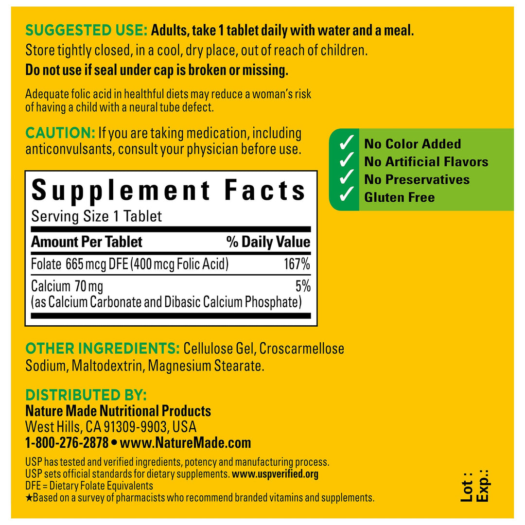 Folic Acid 400 mcg (665 mcg DFE), Dietary Supplement for Nervous System Function, 250 Tablets, 250 Day Supply