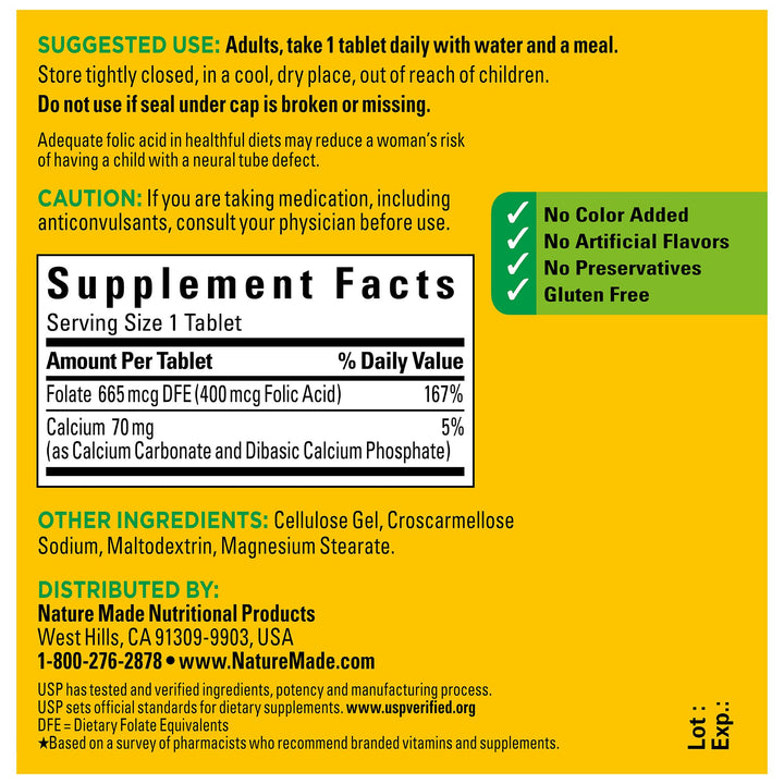 Folic Acid 400 mcg (665 mcg DFE), Dietary Supplement for Nervous System Function, 250 Tablets, 250 Day Supply