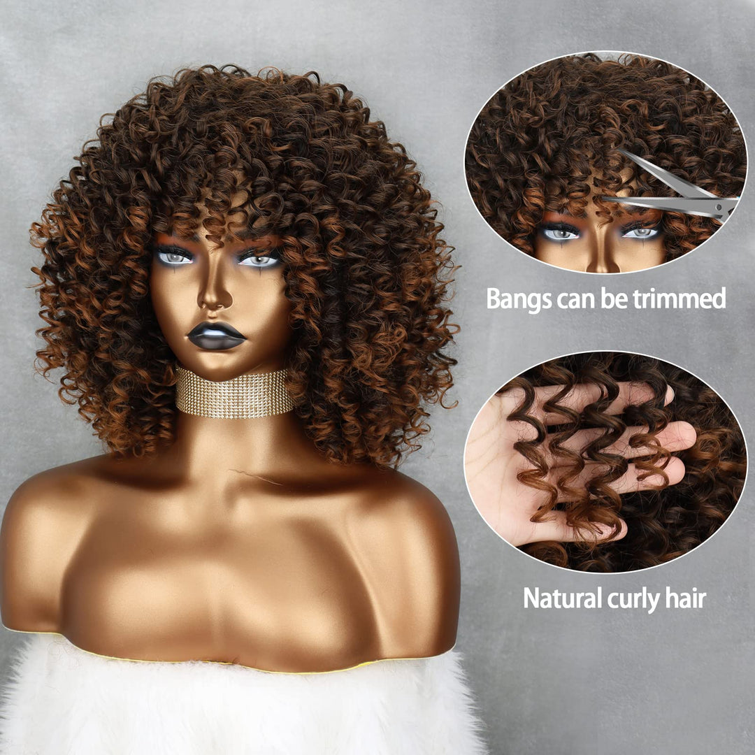 Omber Brown Kinky Curly Wig for Black Women, Short Curly Afro Wigs with Bangs, Synthetic African American Full Hair Wig 14 inch
