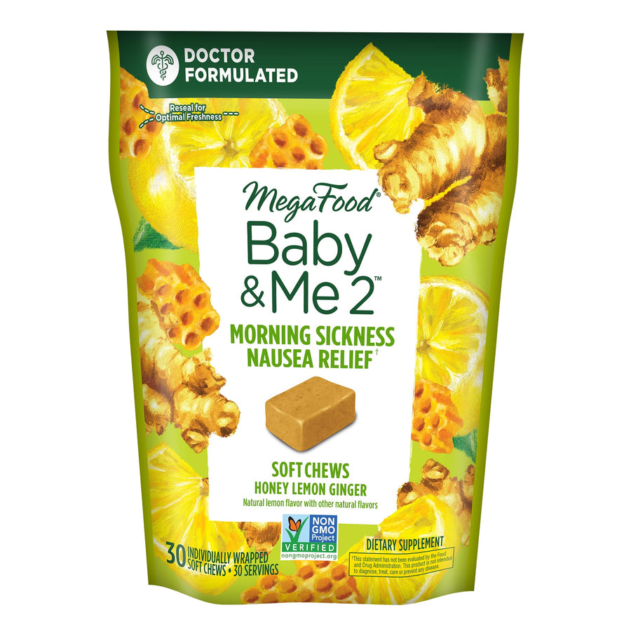 Baby & Me 2 Prenatal Morning Sickness Relief Soft Chews -With Real Ginger and Vitamin B6 - Vegetarian - Made Without 9 Food Allergens - Honey Lemon Ginger Flavor - 30 Chews