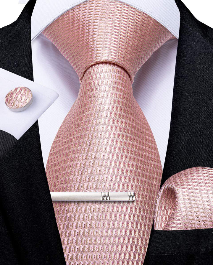 Plaid Ties for Men Silk Checkered Necktie and Pocket Square Cufflinks Tie Clip Set with Gift Box for Wedding Business, Rose Gold