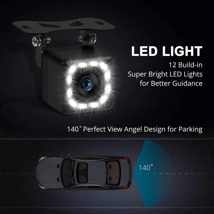 Car Backup Camera, Rear View Camera Ultra HD 12 LED Night Vision, Waterproof Reverse Camera 140° Wide View Angel with Multiple Mount Brackets for Universal Cars, SUV, Trucks, RV and More
