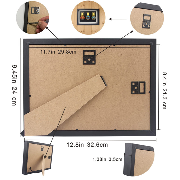 Medal Display Shadow Box - 3 Medal Display case - Perfect Medal Display for Runners, Marathon, RECE Winner, Soccer, Football, Gymnastics & All Sports (A4, black)