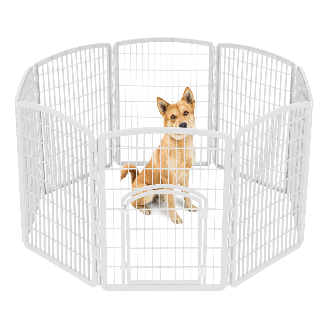Dog Playpen, 8-Panel 34 Pet Playpen with Door, Puppy Playpen, Indoor/Outdoor Dog Pen, 63 x 63 x 34, Foldable, Customizable, White
