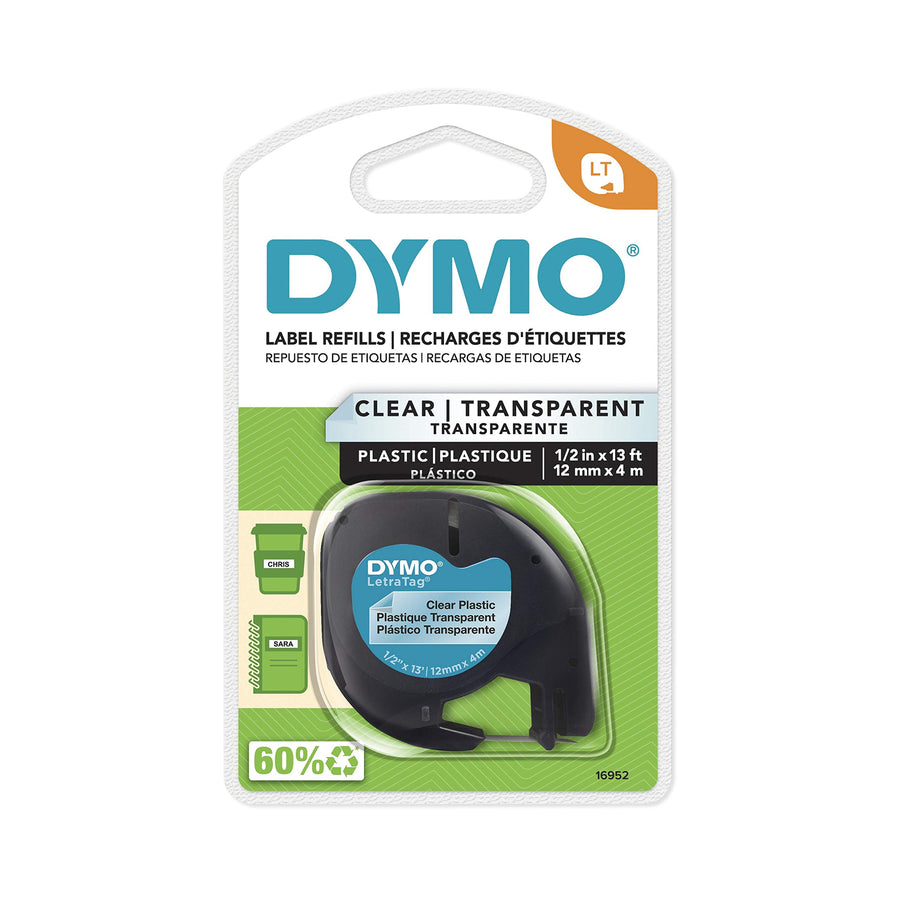 - DYM16952 Authentic LetraTag Labeling Tape for LetraTag Label Makers, Black Print on Clear pastic Tape, 1/2'' W x 13' L, 1 roll (16952)