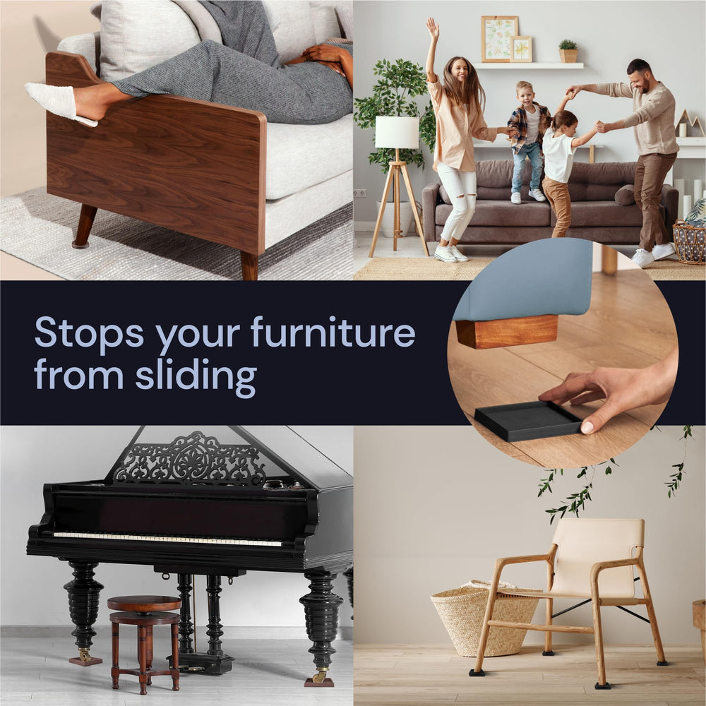 Non Slip Furniture Pads - 4x4 Black Square Rubber Anti Skid Caster Cups Leg Coasters - Couch, Chair, Feet, and Bed Stoppers with Anti - Sliding Floor Grip (Set of 4)