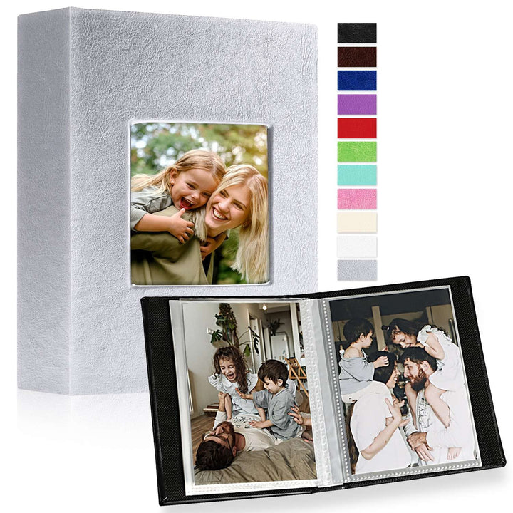 Photo Album 4x6 100 Pockets 2 Packs, Small Mini Capacity Leather Photo Albums, Each Pack Holds 100 Top Loader Vertical Only Pictures Silver