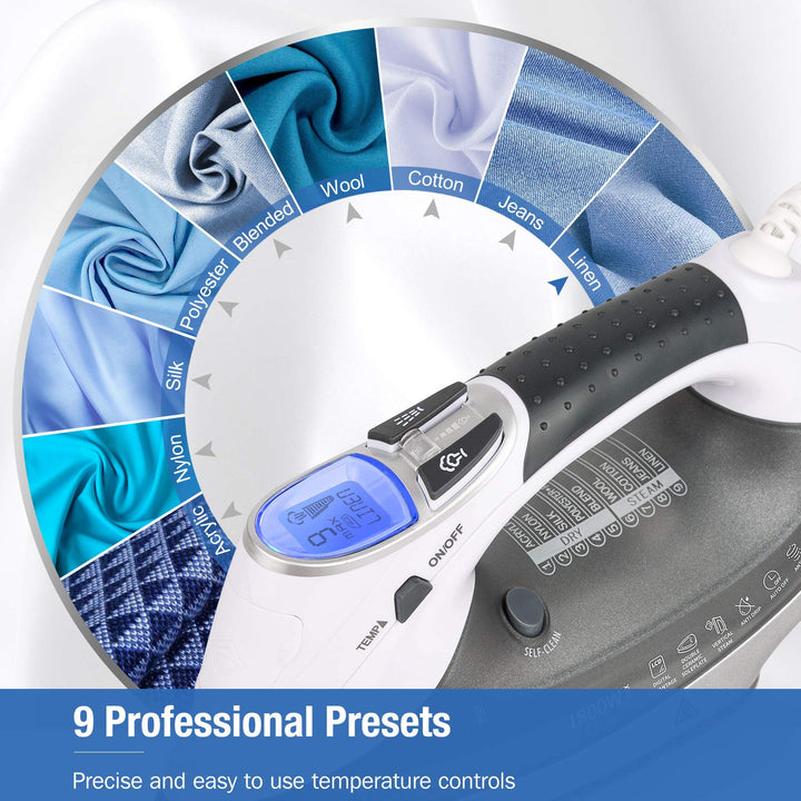 1800-Watt Steam Iron with Digital LCD Screen, Double-Layer and Ceramic Coated Soleplate, 3-Way Auto-Off, 9 Preset Temperature and Steam Settings for Variable Fabric Gray