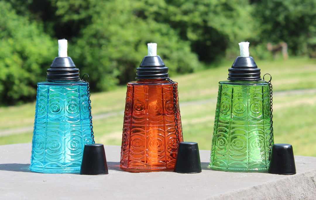 Citronella Table Top Torches for Outdoor Patio, 16oz Decorative Glass Torch Citronella Oil Candles for Outside Deck, Garden, Parties, Set of 3, Blue/Amber/Green