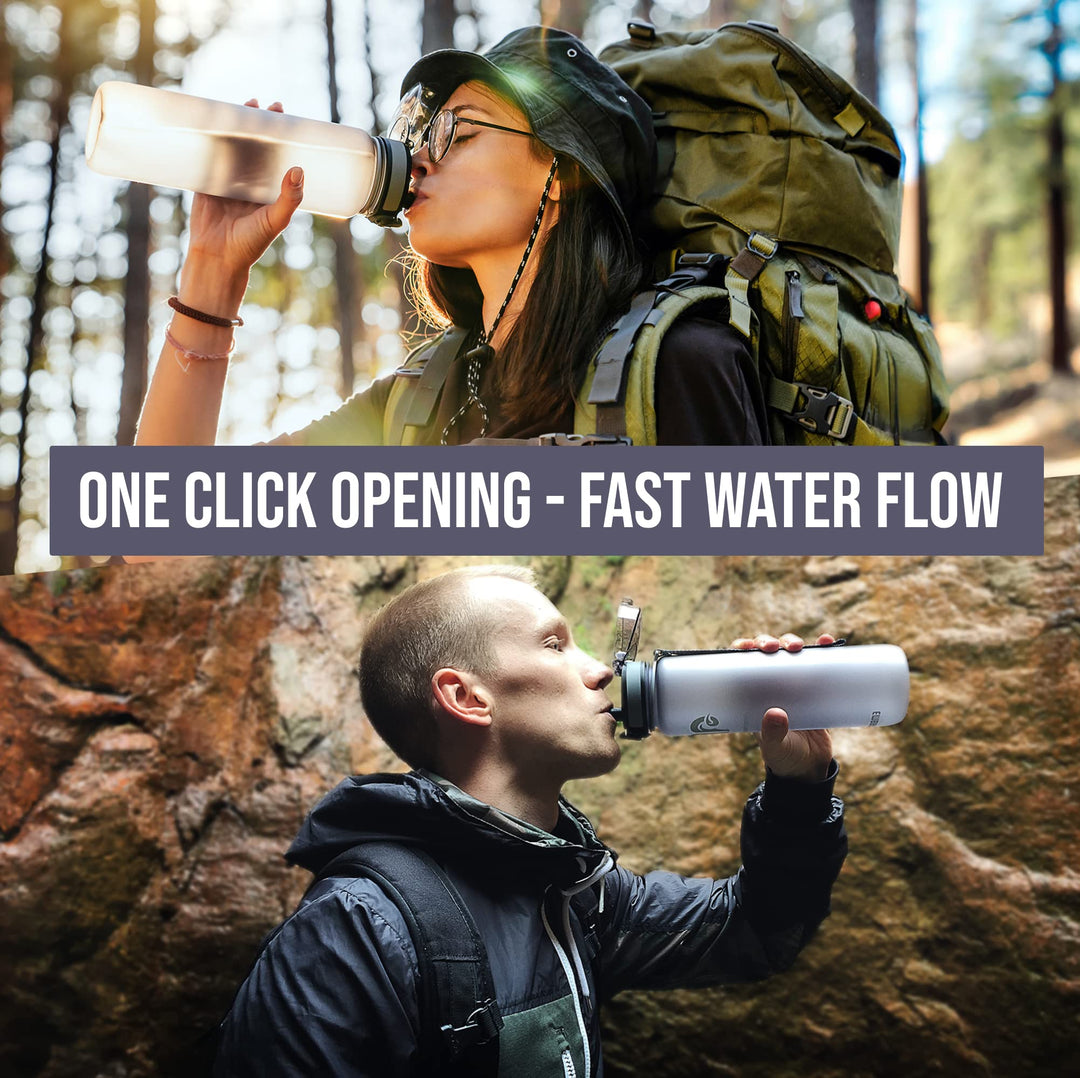 Best Sports Water Bottle - 32oz Large - Fast Flow, Flip Top Leak Proof Lid - Non-Toxic BPA Free - Safe & Eco-Friendly - Quart (1L) - No Straw, Clear with Strap and Filter - Gym & Workout Ready