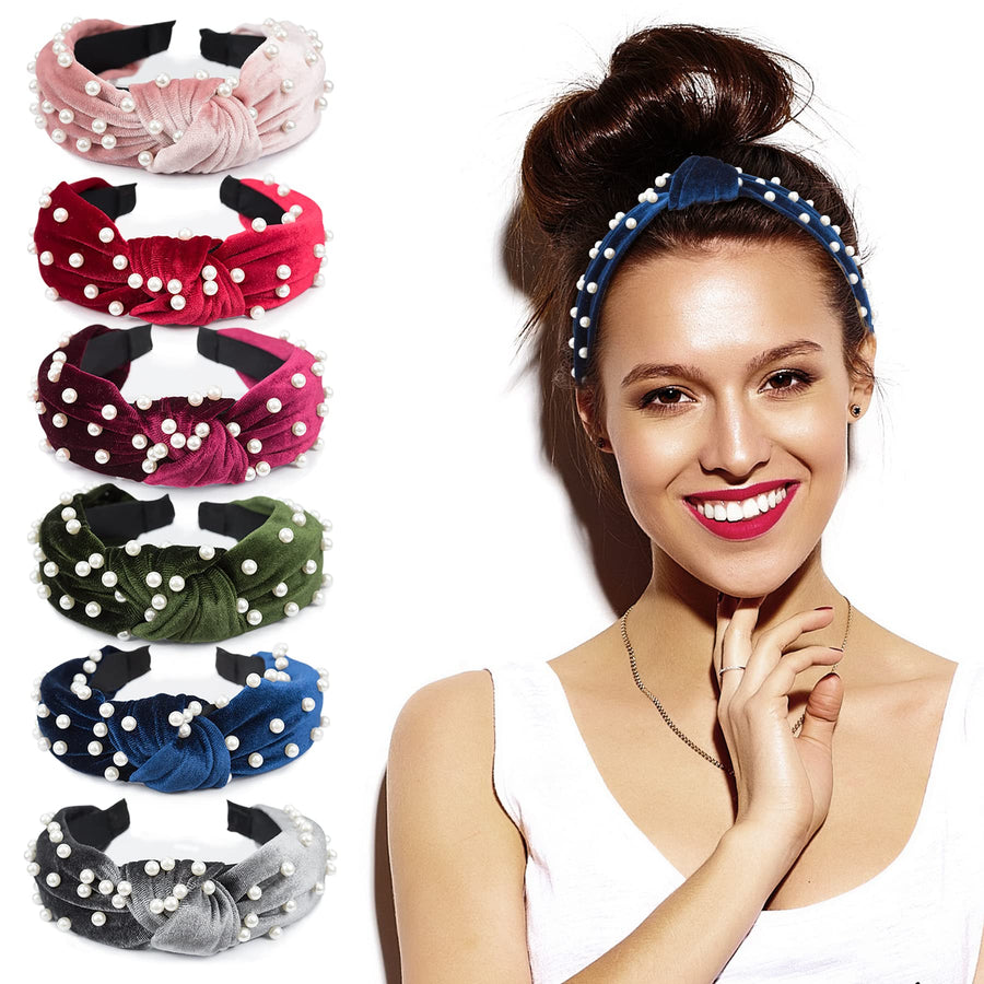 Pearl Headbands 6 Colors, Knotted Headbands for Women Fashion Turban Headband Hair Bands Wide Headbands Accessories for Girls with 1 Pouch Bag