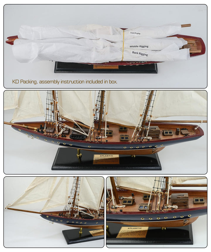 SAILINGSTORY 30 Wooden Sailboat Model Ship Sailboat Decor Schooner Atlantic 1:50 Scale Replica Navy and Walnut Antique Finish