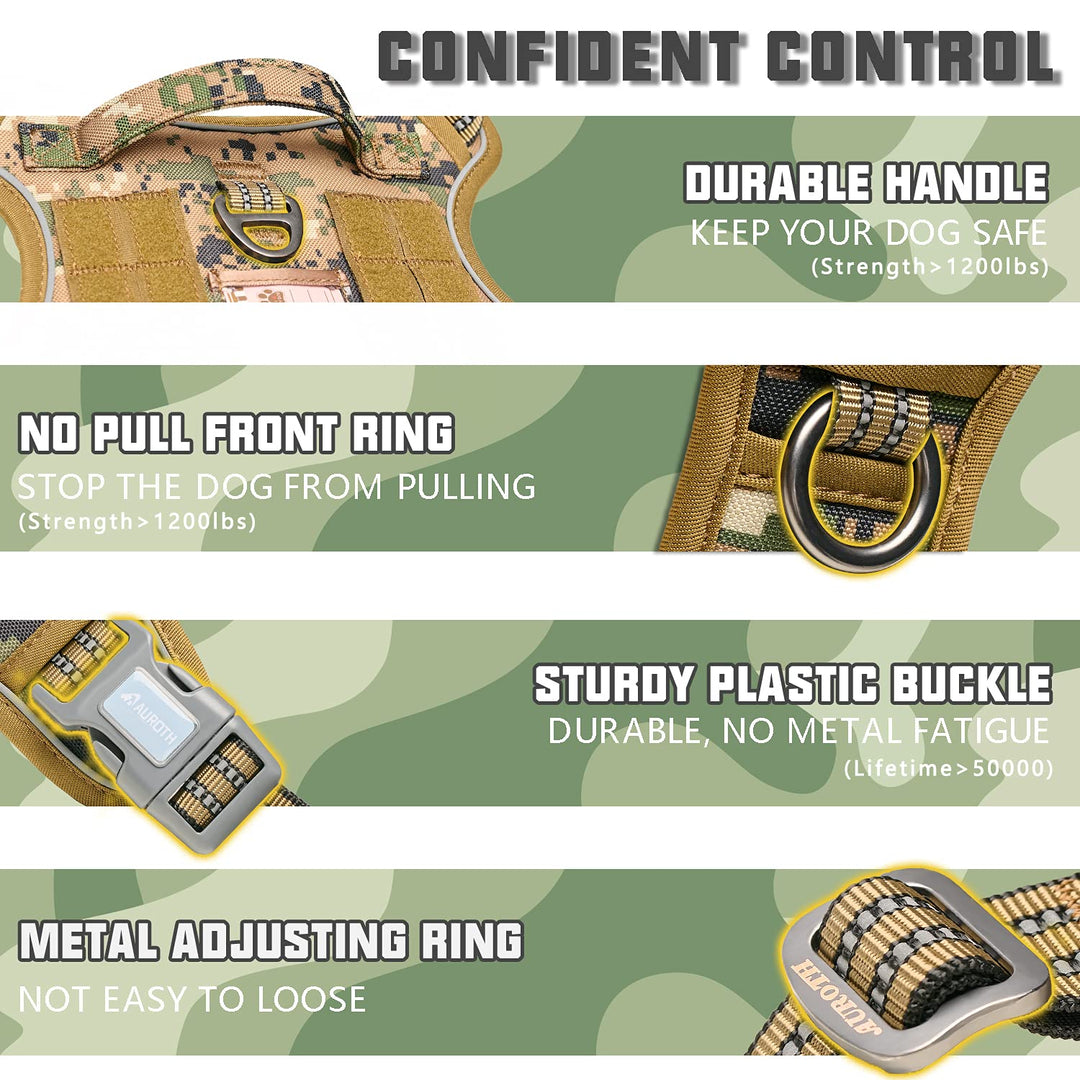 Auroth Tactical Dog Harness for Large Dogs No Pull Adjustable Pet Harness Reflective K9 Working Training Easy Control Pet Vest Military Service Dog Harnesses Woodland Camo XL