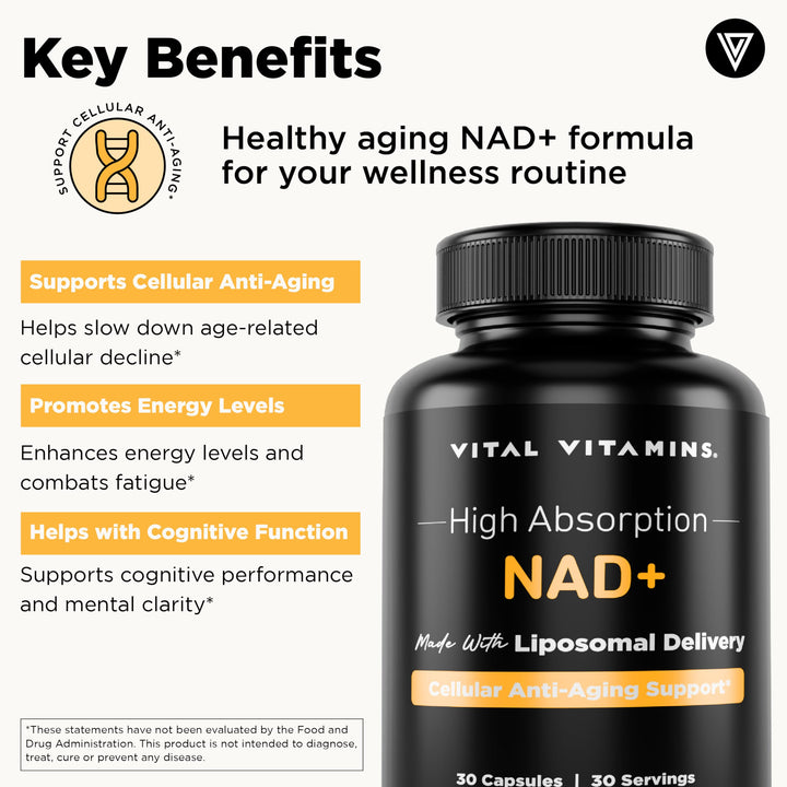 NAD Supplement - NAD+ (Nicotinamide Adenine Dinucleotide) for Men & Women - Made with Liposomal Delivery - Cellular Anti-Aging Support, Energy, Focus - 30-Day Supply
