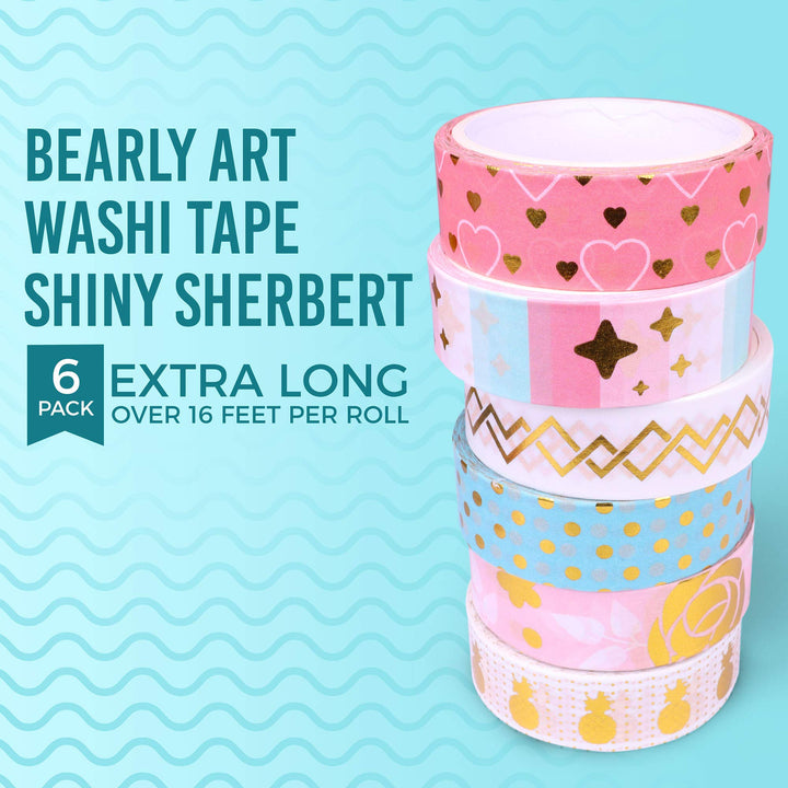 Washi Tape - Shiny Sherbert - Foil Decorative Tape Set for DIY Crafts - Scrapbooking and Paper Crafts - 6 Styles Extra Long Rolls - 15mm Wide and 5m Long