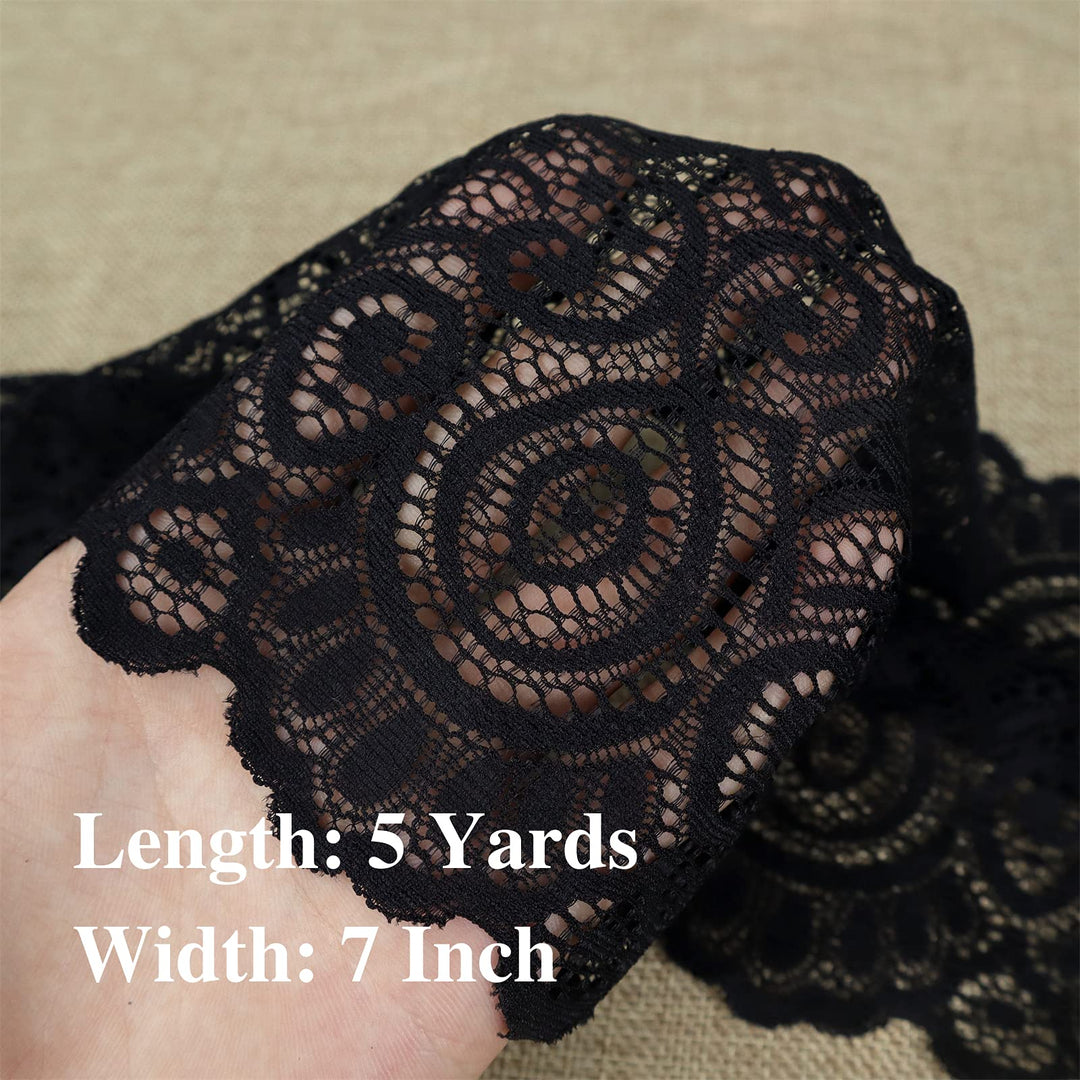 Black Lace Fabric Lace Trim, Stretch Floral Lace Ribbon Trim, Wide Elastic Sewing Lace Crafts Decorating (Black 7Inch 5Yards)