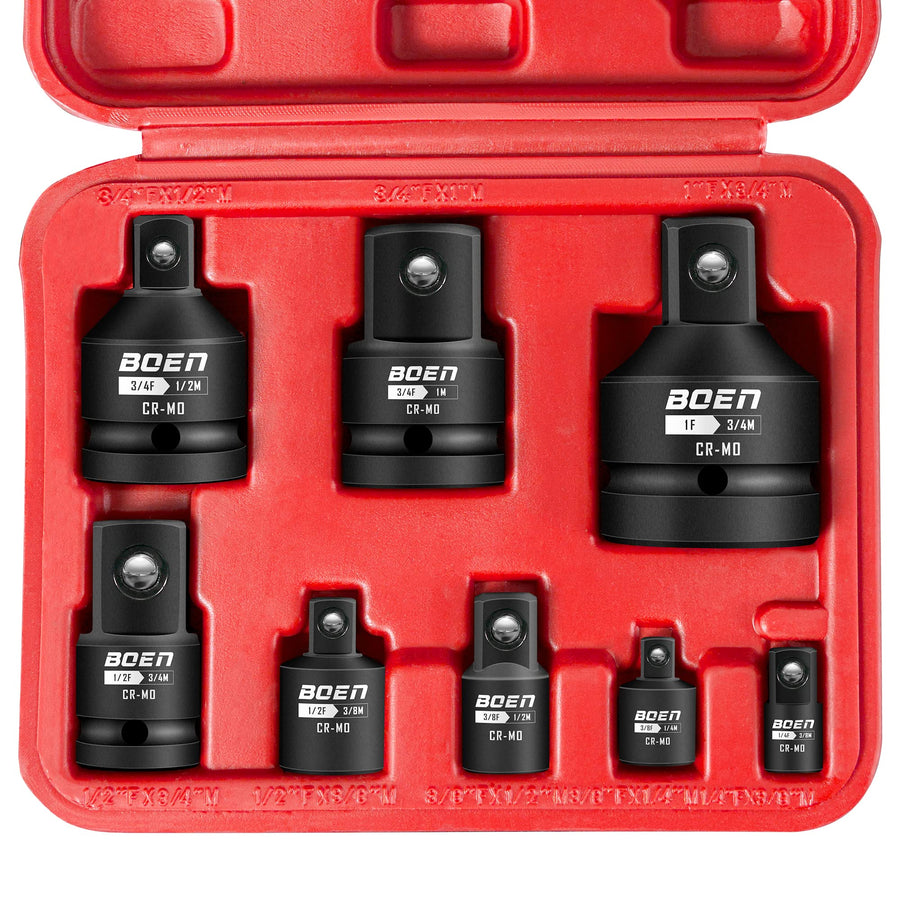 BOEN 8 Piece Impact Socket Adapter and Reducer Set, 1/4 3/8 1/2 3/4 Drive Socket Adapter Set with Durable Case for Impact Driver Conversions (Upgraded)