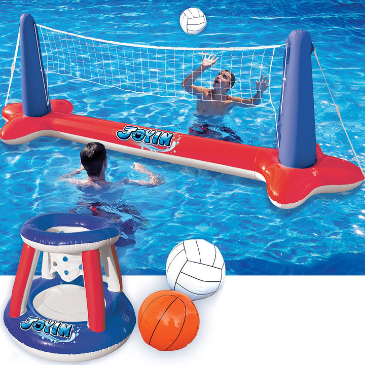 Inflatable Pool Float Set Volleyball Net & Basketball Hoops, Balls Included for Kids and Adults Swimming Game Toy, Summer Floaties, Volleyball Court |Basketball,L-Red