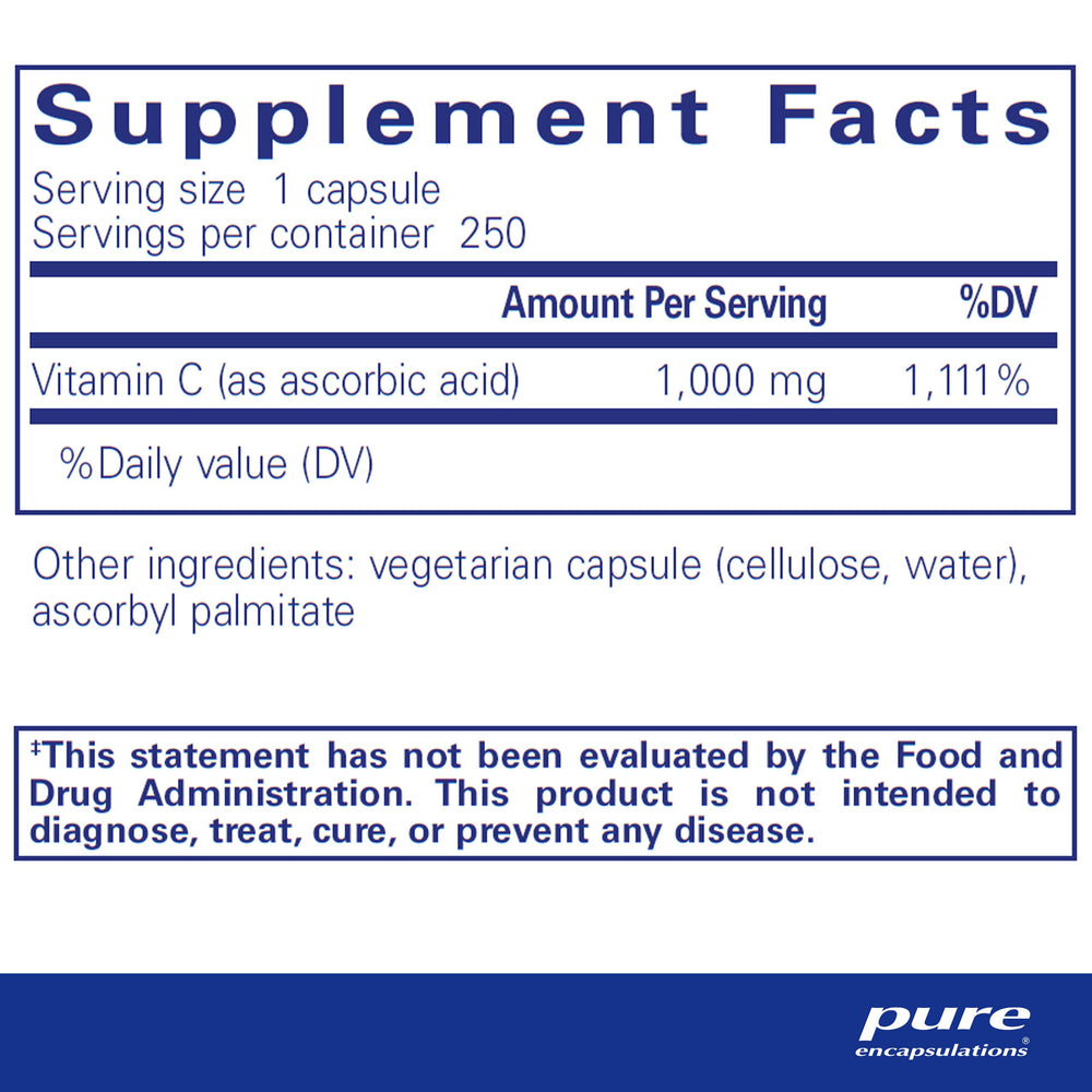 Ascorbic Acid Capsules - 1,000 mg Vitamin C - Antioxidant & Immune Support* - High-Potency Vitamin C - Vegan & Non-GMO - 250 Capsules