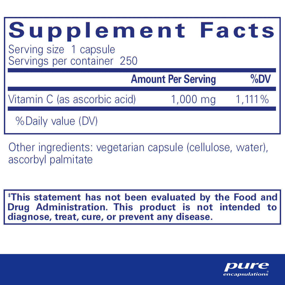 Ascorbic Acid Capsules - 1,000 mg Vitamin C - Antioxidant & Immune Support* - High-Potency Vitamin C - Vegan & Non-GMO - 250 Capsules