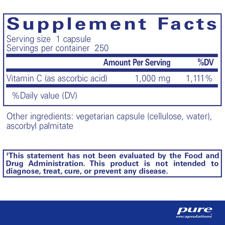 Ascorbic Acid Capsules - 1,000 mg Vitamin C - Antioxidant & Immune Support* - High-Potency Vitamin C - Vegan & Non-GMO - 250 Capsules